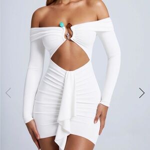Hardware Detail Off-Shoulder Cut-Out Mini Dress in White